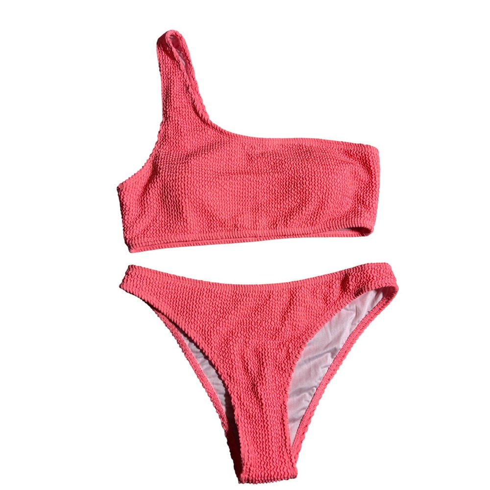 NIB Neon Pink Crinkle Smocked One Shoulder Bikini Set 2 Piece Swimsuit L Beach